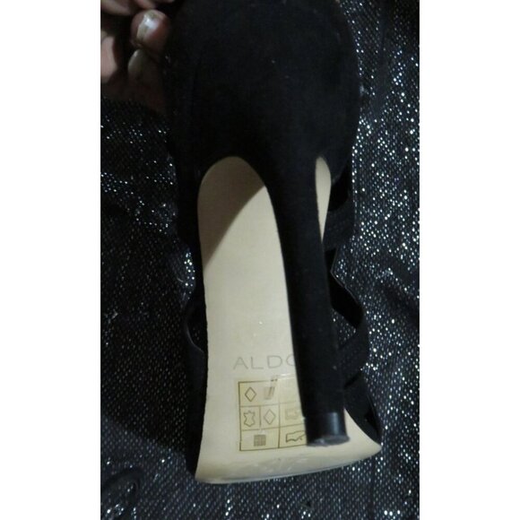 Aldo Shaylla Classic Black Vegan Suede Peep Toe Caged Back Zip Pumps sz 8 - Picture 6 of 13